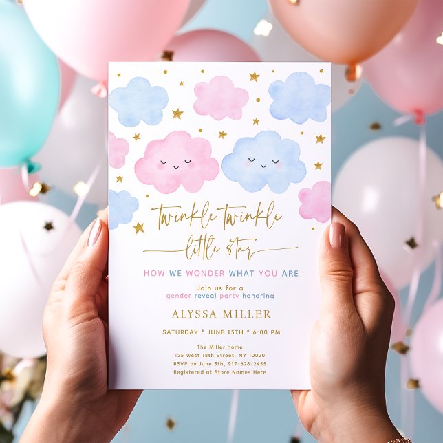 Twinkle Little Star Cloud Pink Blue Gender Reveal Invitation (Creator Uploaded)