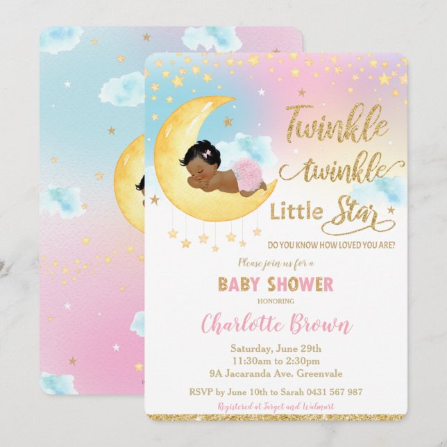 Twinkle Little Star Cute Little Girl Baby Shower Invitation (Front/Back)