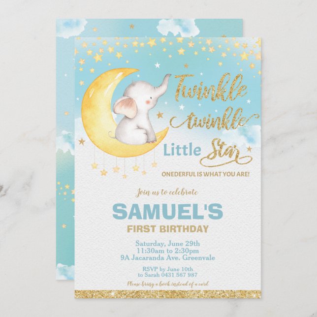 Twinkle Little Star Elephant 1st Birthday Boy Invitation (Front/Back)