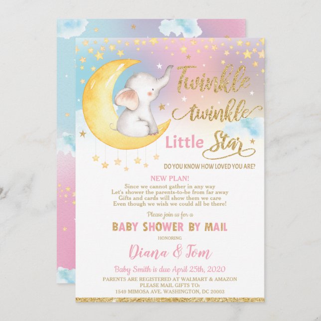 Twinkle Little Star Elephant Baby Shower by Mail Invitation (Front/Back)
