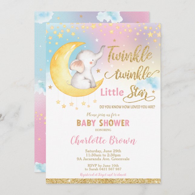 Twinkle Little Star Elephant Baby Shower Girl Invitation (Front/Back)