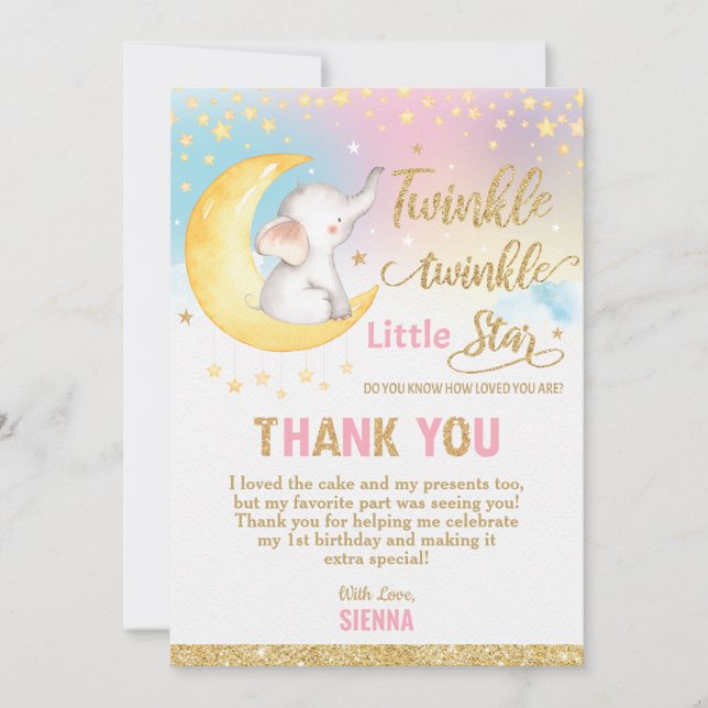 Twinkle Little Star Elephant Birthday Party Thank You Card (Front)