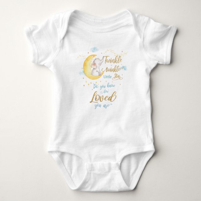 Twinkle Little Star Elephant Crescent Moon Blue Baby Bodysuit (Front)