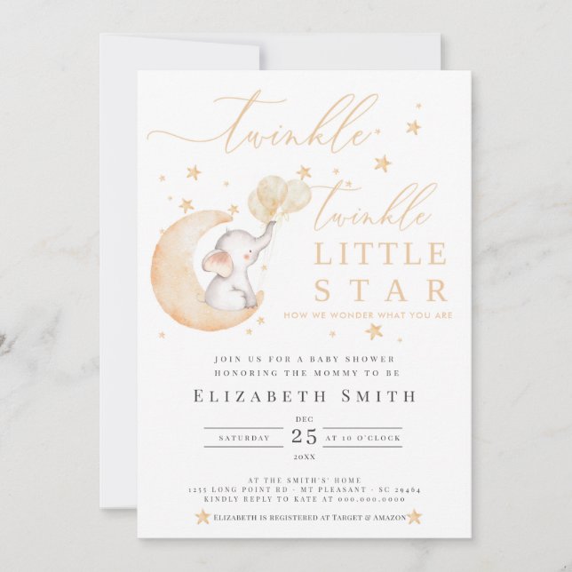 Twinkle Little Star Elephant Neutral Baby Shower Invitation (Front)