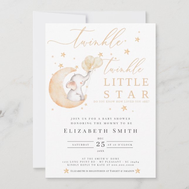 Twinkle Little Star Elephant Yellow Baby Shower Invitation (Front)