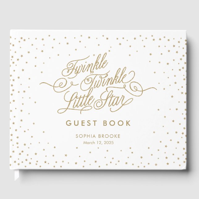 Twinkle Little Star Fancy Gold & White Baby Shower Guest Book (Front)