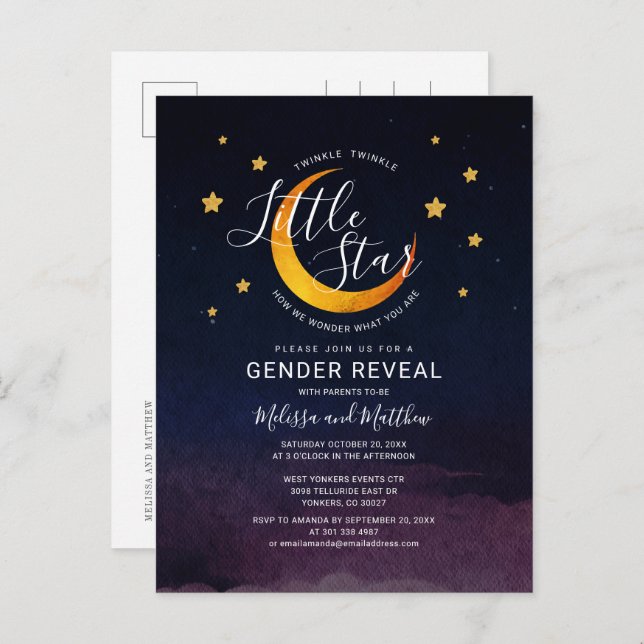Twinkle Little Star Gender Reveal Navy Purple Invitation Postcard (Front/Back)