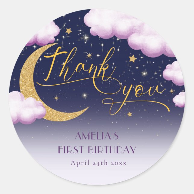 Twinkle Little Star Girl First Birthday Thank You Classic Round Sticker (Front)