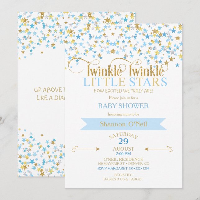 Twinkle Little Star Gold & Baby Blue Boy Twins Invitation (Front/Back)