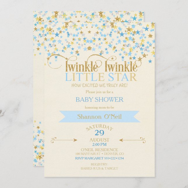 Twinkle Little Star Gold & Baby Blue Gold Invitation (Front/Back)