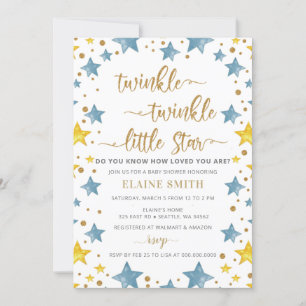 Twinkle little Star Gold Blue Boy Baby Shower Invitation