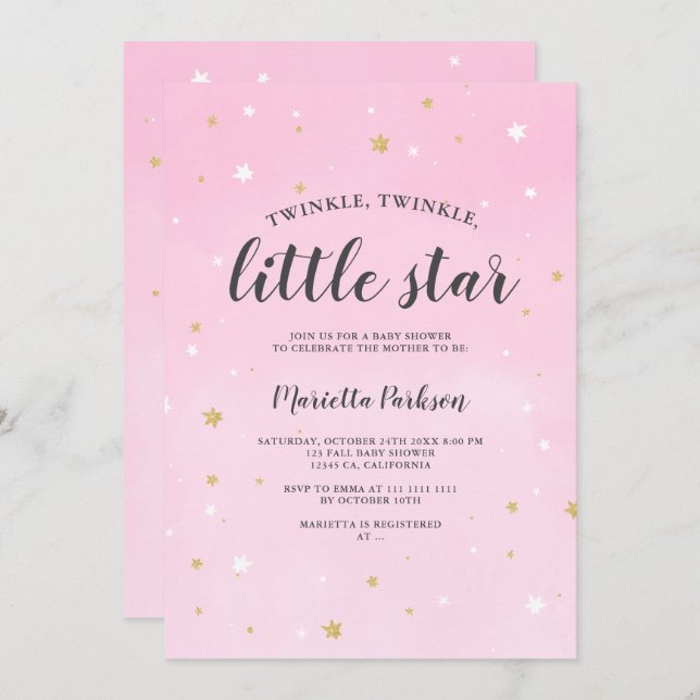 Twinkle little star gold glitter pink baby shower invitation (Front/Back)