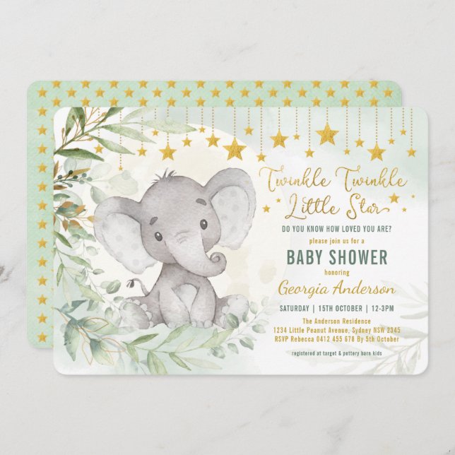 Twinkle Little Star Greenery Elephant Baby Shower Invitation (Front/Back)