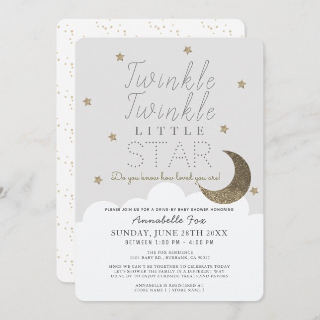 Twinkle Little Star Grey Drive-by Baby Shower Invitation (Front/Back)