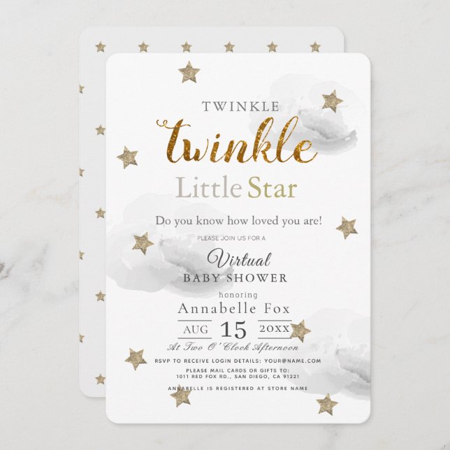 Twinkle Little Star Grey Virtual Baby Shower Invitation (Front/Back)