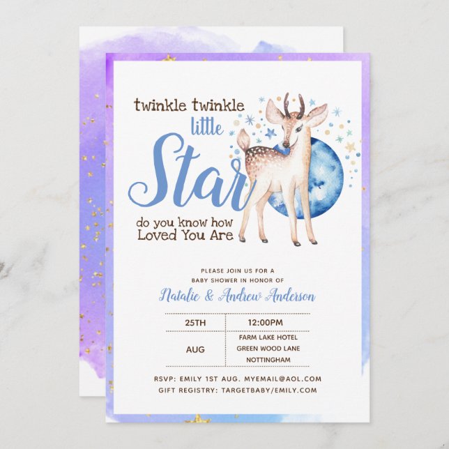Twinkle Little Star Little Deer Blue Gold Modern Invitation (Front/Back)