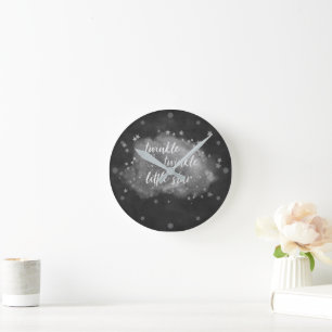 Twinkle Little Star Monochrome Charcoal Silver Round Clock