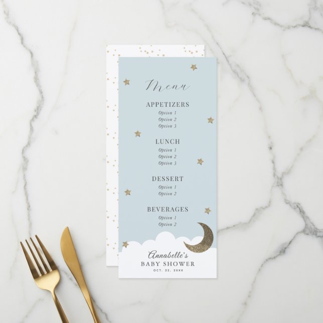 Twinkle Little Star Moon Blue Baby Shower Menu (Front/Back In Situ)