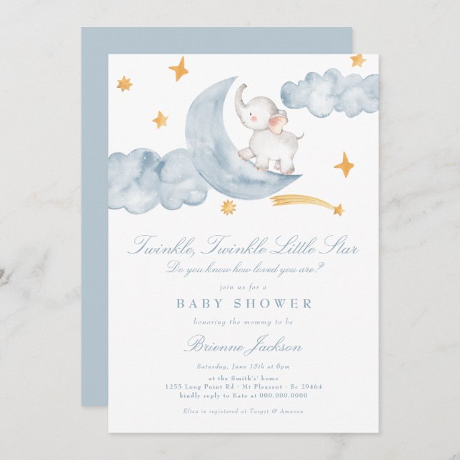 Twinkle Little Star Moon Blue Boy Baby Shower Invitation (Front/Back)