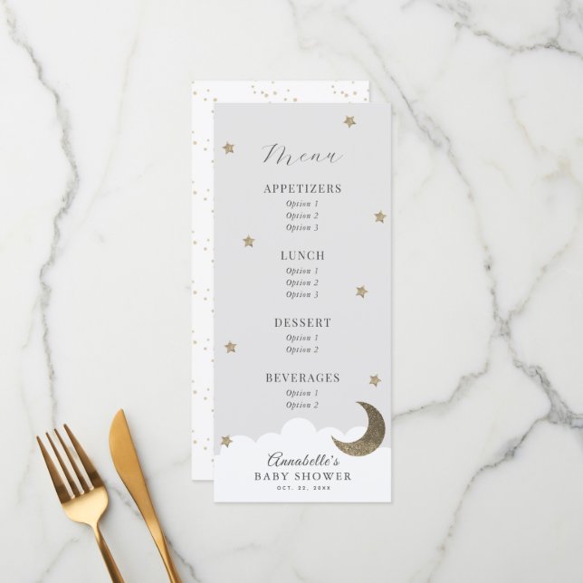 Twinkle Little Star Moon Grey Baby Shower Menu (Front/Back In Situ)