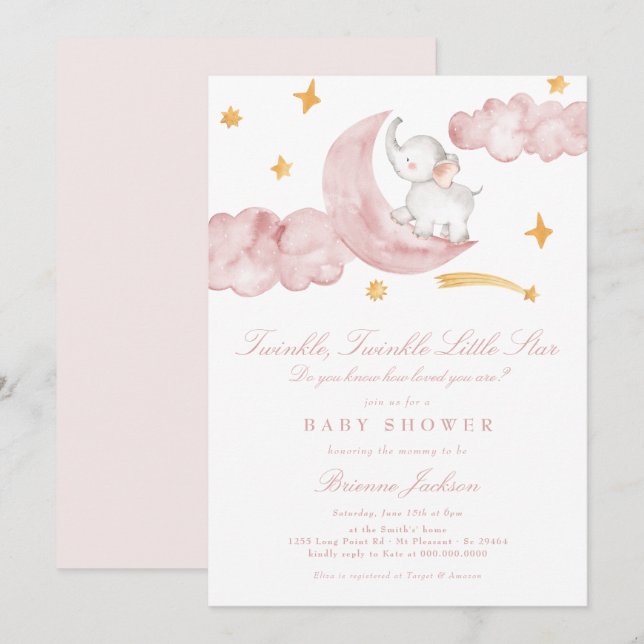 Twinkle Little Star Moon Pink Girl Baby Shower Invitation (Front/Back)