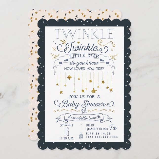 Twinkle Little Star Navy Baby Shower Invitations (Front/Back)