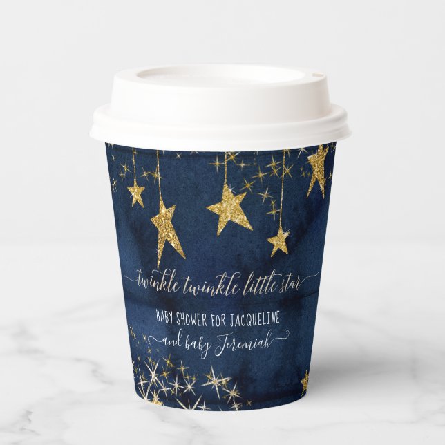 Twinkle Little Star Navy Blue Gold Boy Baby Shower Paper Cups (Front)