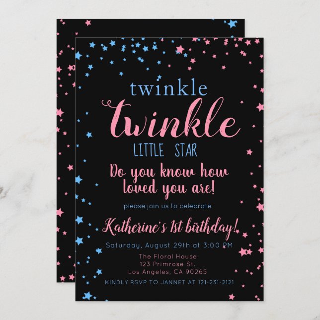 Twinkle Little Star Neutral Girl & Boy Birthday Invitation (Front/Back)