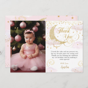 Twinkle Little Star Pastel Pink 1st Birthday Photo Thank You Card