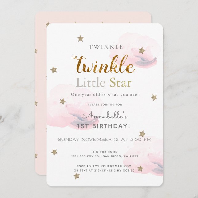Twinkle Little Star Pink 1st Birthday Invitation (Front/Back)