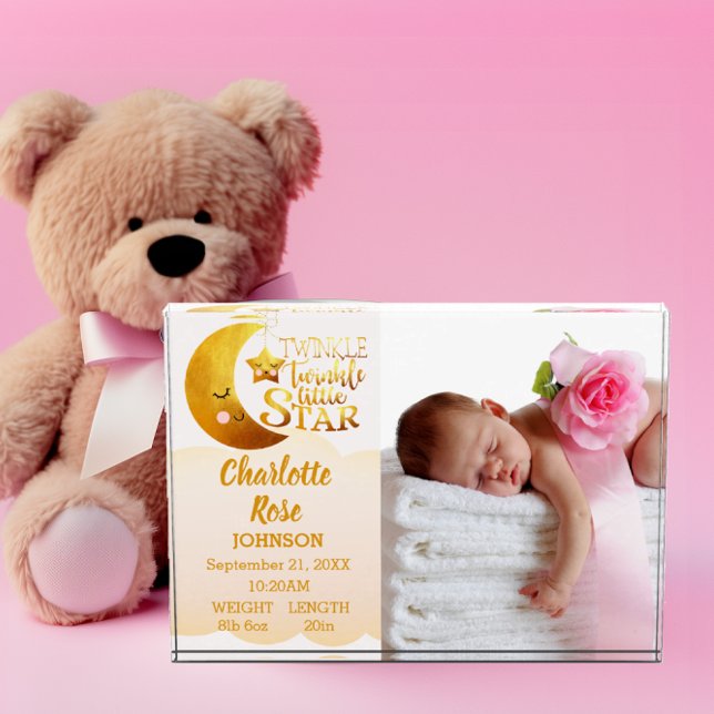 Twinkle Little Star Pink Birth Announcement Baby Photo Block (Creator Uploaded)