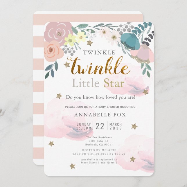 Twinkle Little Star Pink Floral Baby Shower Invitation (Front/Back)