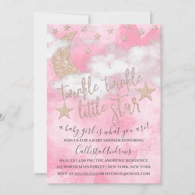 Twinkle Little Star Pink Glitter Girl Baby Shower Invitation (Front)