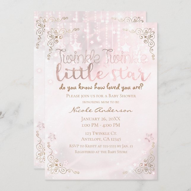 Twinkle little Star Pink Gold Sparkle Baby Shower Invitation (Front/Back)
