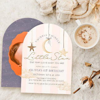 Twinkle Little Star Pink Stripe Photo 1st Birthday Invitation