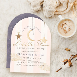 Twinkle Little Star Pink Stripes Girl 1st Birthday Invitation