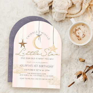 Twinkle Little Star Pink Stripes Girl 1st Birthday Invitation