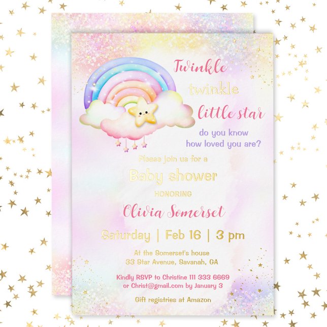 Twinkle Little Star Rainbow Girl Baby Shower (Twinkle Little Star Rainbow Girl Baby Shower Foil Invitation)