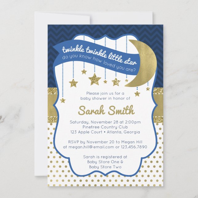Twinkle Little Star Shower Invite, Faux Glitter Invitation (Front)