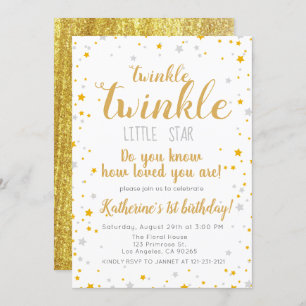Twinkle Little Star Silver & Gold Girls Birthday Invitation
