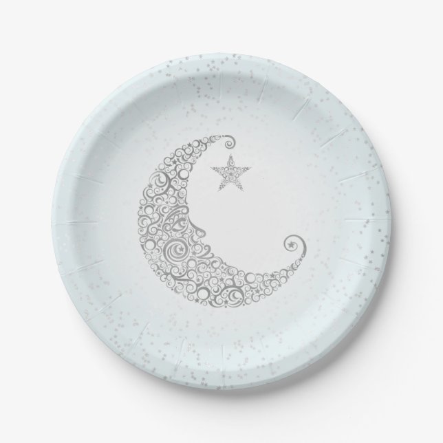 Twinkle Little Star Silver Moon Blue Paper Plate (Front)