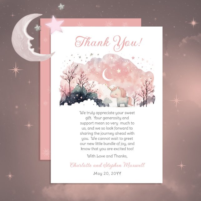 Twinkle Little Star Unicorn Pink Girl Baby Shower Thank You Card (Creator Uploaded)