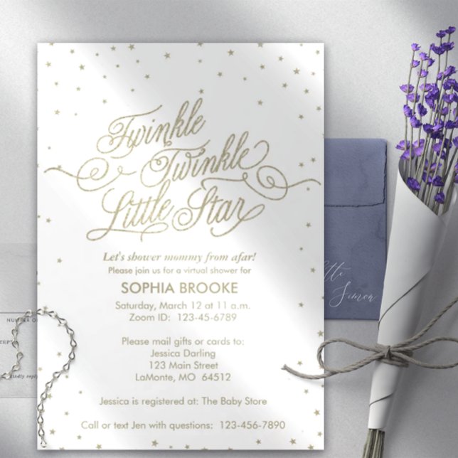 Twinkle Little Star Virtual Gold White Baby Shower Invitation (Creator Uploaded)