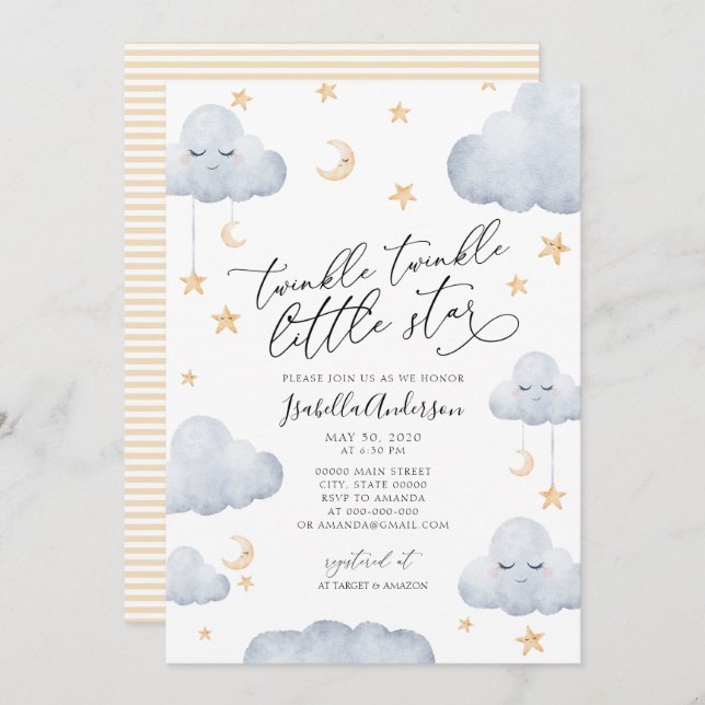 Twinkle Little Star Yellow Stripes Baby Shower  Invitation (Front/Back)