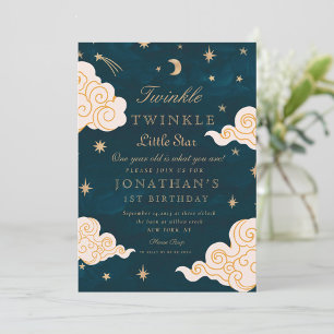 Twinkle Little Stars Cute Moon 1st Birthday Invitation