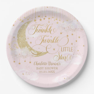 Twinkle Little Stars Moon Pastel Pink Baby Shower Paper Plate