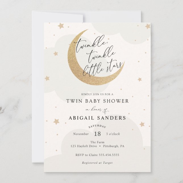Twinkle Little Stars Twin Baby Shower Invitation (Front)