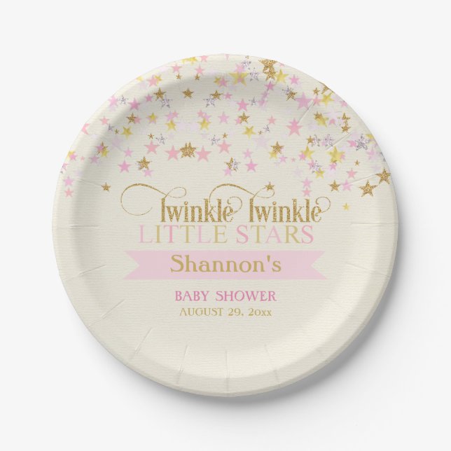 Twinkle Little Stars Twins Baby Shower Pink Gold Paper Plate (Front)