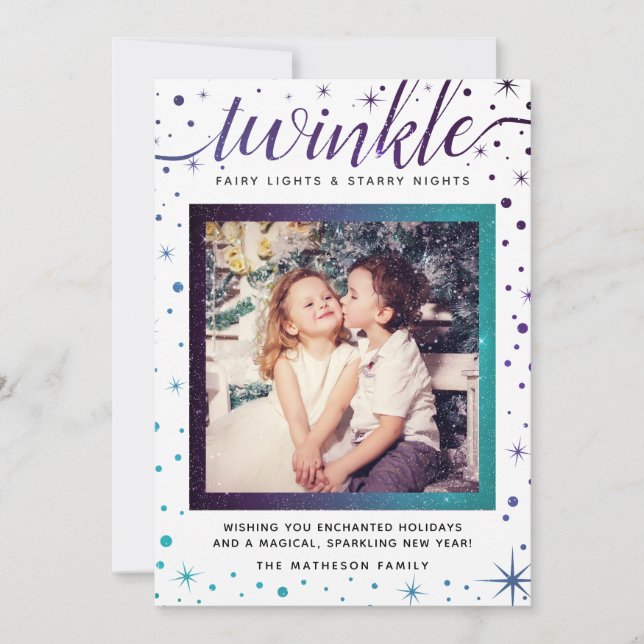 TWINKLE Purple & Teal Falling Snow Enchanted Holiday Card (Front)