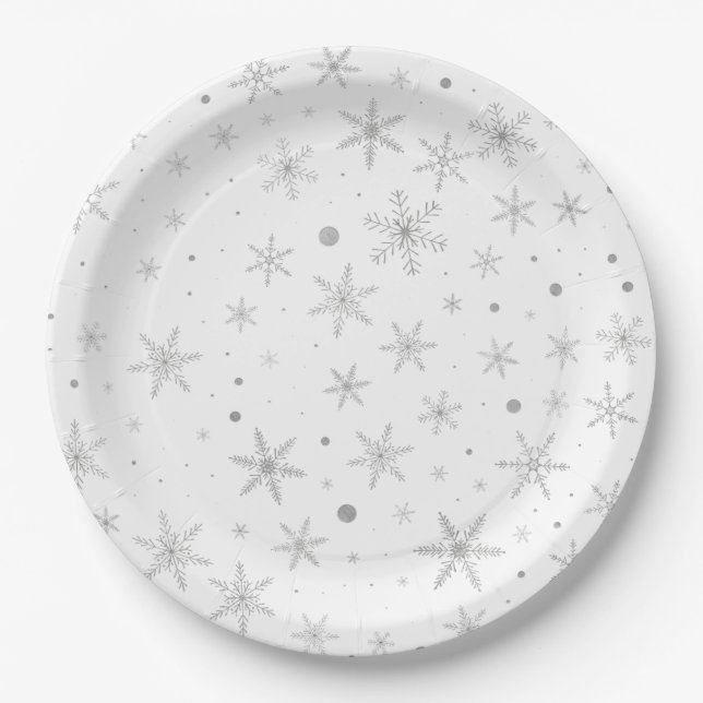 Twinkle Snowflake -Silver Grey & White- Paper Plate (Front)